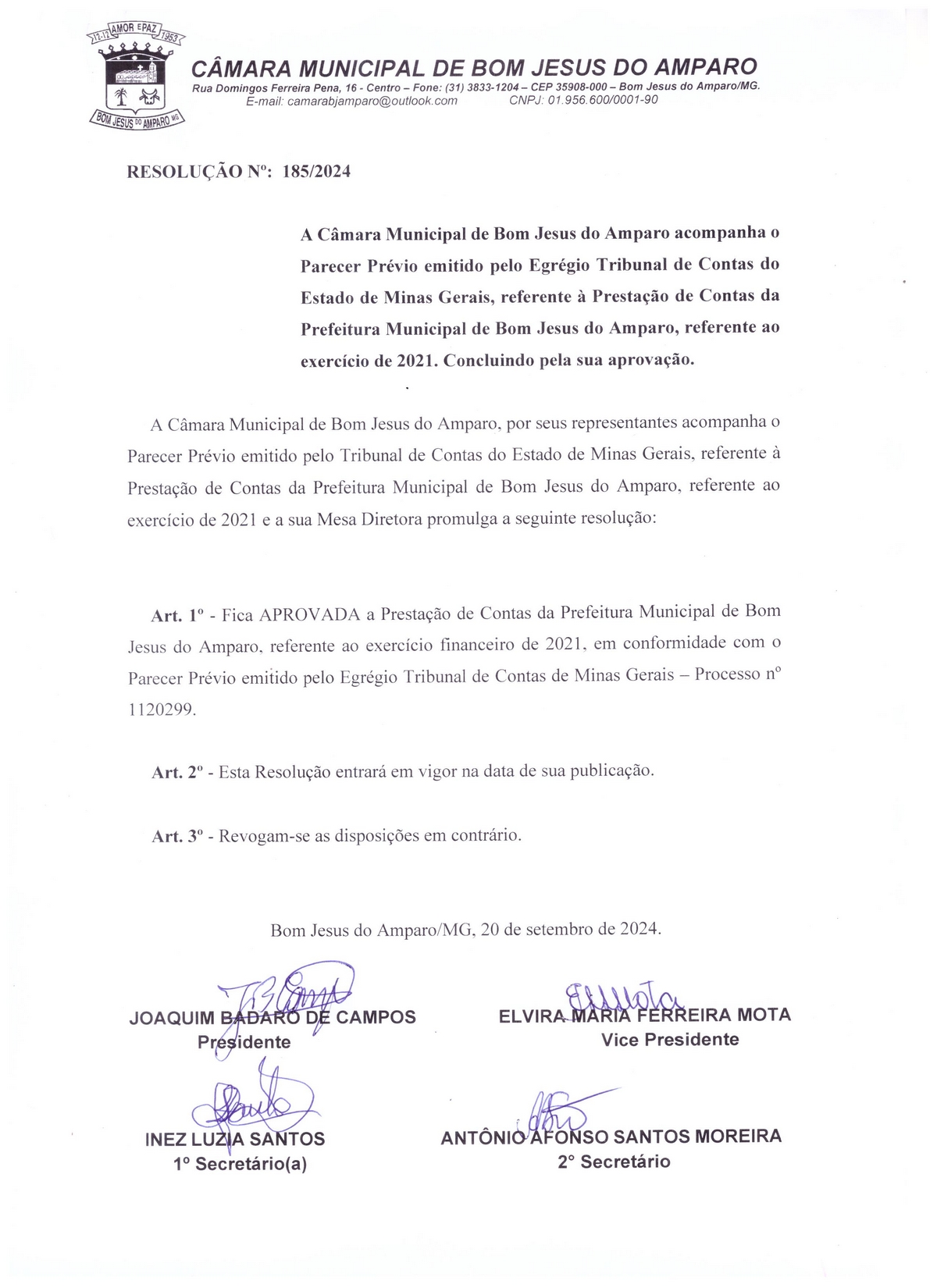 Aprovação da Prestação de Contas da Prefeitura Municipal de Bom Jesus do Amparo, referente ao Exercício de 2021.